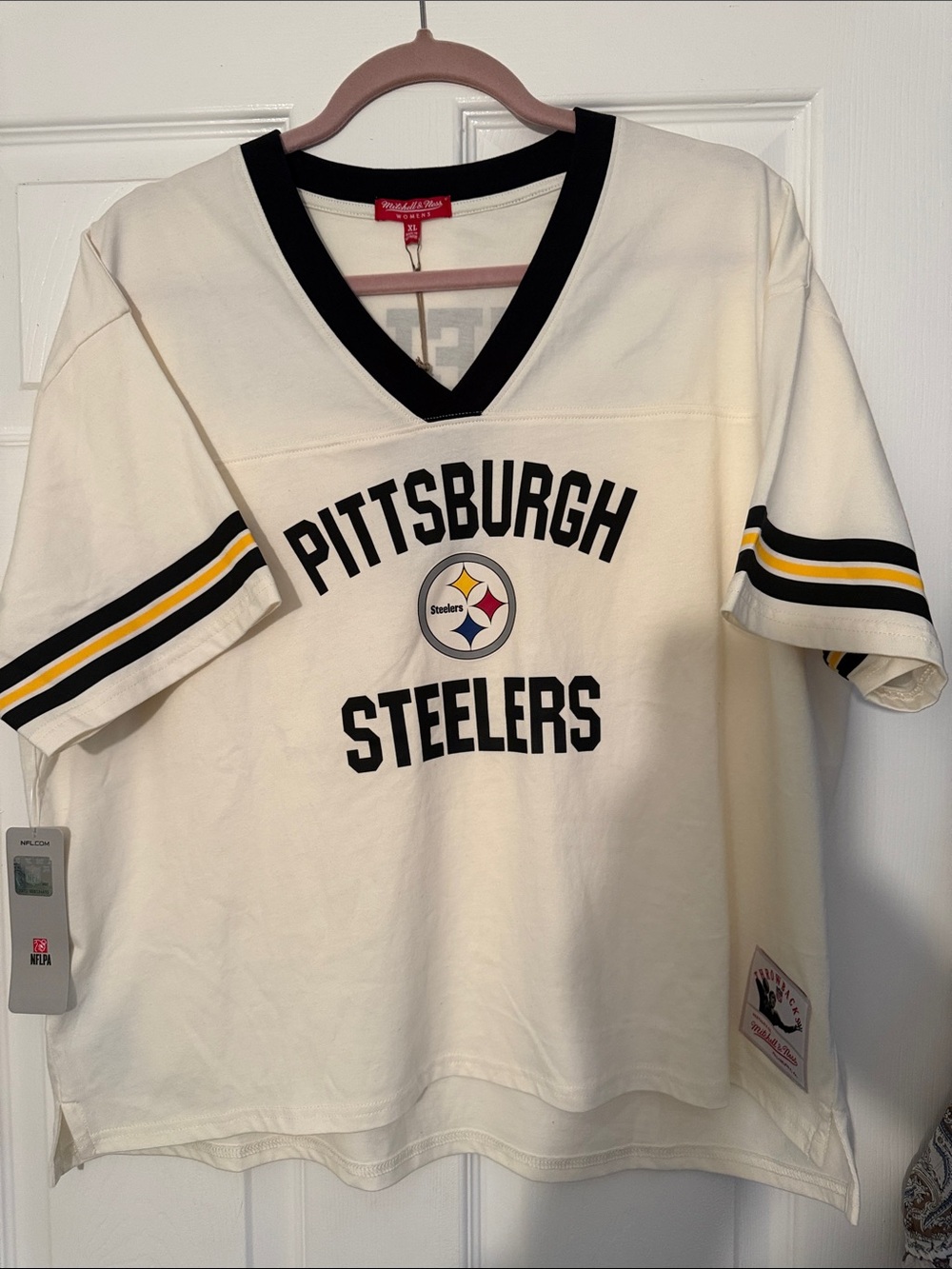 Mitchell & Ness Cream Pittsburgh Steelers V-Neck Kids Tee with Black Trim